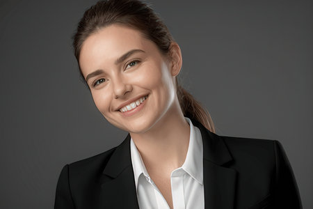 Portrait of a smiling businesswoman in a suit on a gray backgroundのeditorial素材