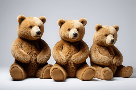 Three brown teddy bears sitting in a row on a white backgroundの写真素材
