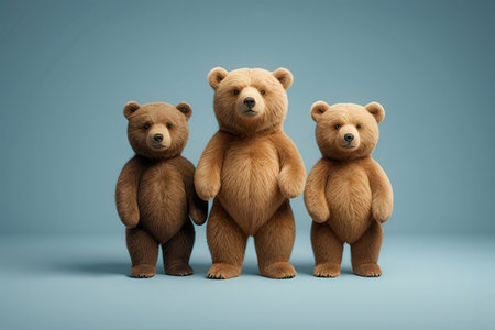 Three bears standing in a row on blue background. 3d renderingの写真素材
