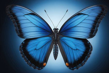Blue butterfly isolated on a blue background. 3d render illustration.の写真素材