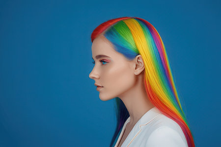 Portrait of a beautiful girl with multicolored hair on a blue backgroundのeditorial素材