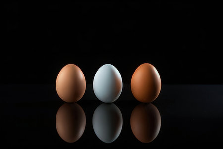 Three eggs on a black background with reflection. Place for text.の写真素材