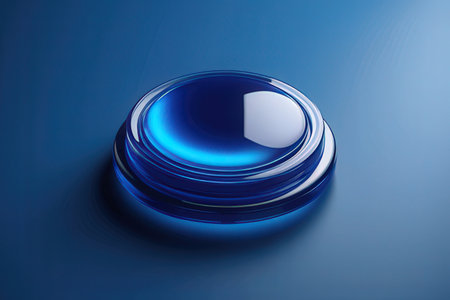 3D rendering of a blue button on a dark blue background.の写真素材
