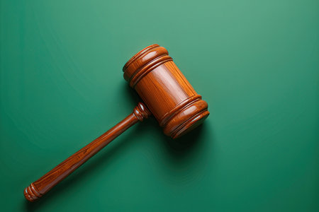 Wooden judge gavel on green background. Top view. Copy space.