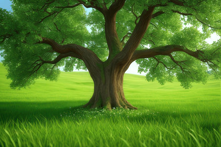 Beautiful green landscape with big tree and grass. 3d render