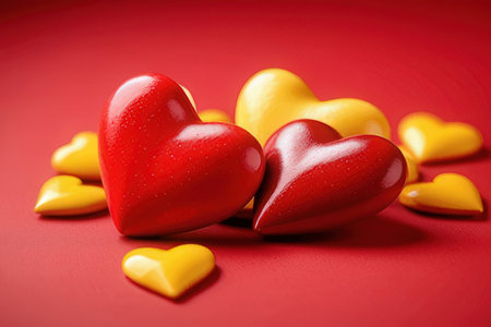 Red and yellow hearts on red background. Valentines day concept.