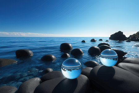 Zen stones in the sea and blue sky background. 3d renderの写真素材