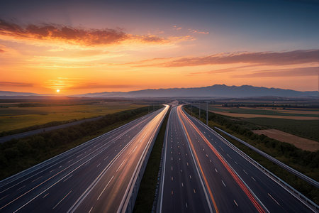 Aerial view of highway road at sunset. Long exposure photography.の写真素材
