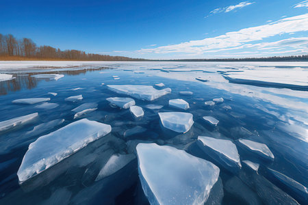 Winter landscape. Ice hummocks on the frozen lake. Russia