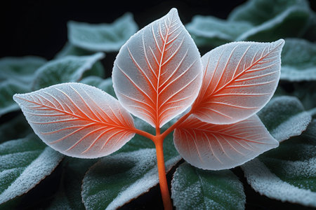 3d illustration of a green leaf with white frost on it.の写真素材
