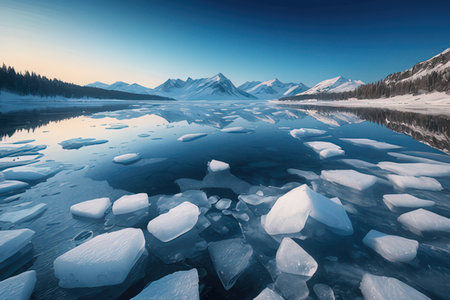 Beautiful winter landscape with frozen lake and snow-capped mountains.の写真素材