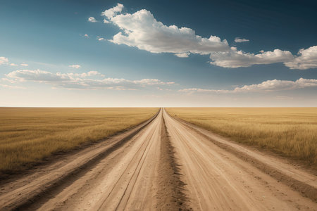 Dirt road through the field and blue sky with clouds - retro styleの写真素材