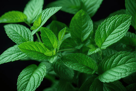 Fresh mint leaves on a black background. Close up. Shallow depth of field.の写真素材