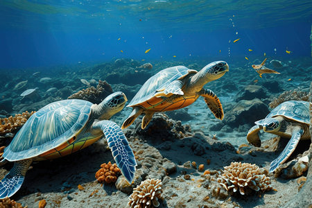 Turtles on the coral reef in the Red Sea. 3d render