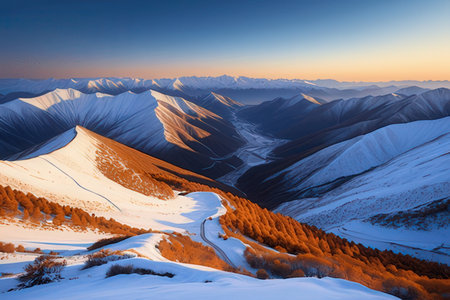Landscape of snow-capped mountains at sunset. Caucasus, Russia