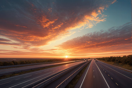 Highway in the evening with clouds at sunset. Landscape.の写真素材