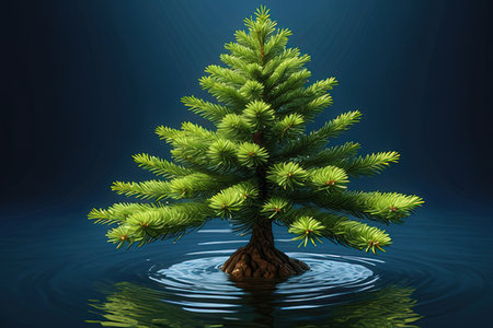 Fir tree in water on a dark blue background. 3d illustrationの写真素材