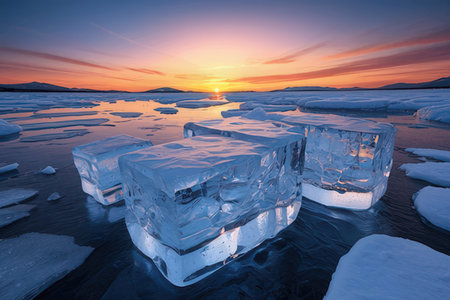 Ice hummocks on the shore of Lake Baikal at sunsetの写真素材