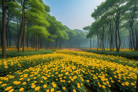 Sunflower field in the green forest, 3d render image.の写真素材