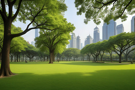 Green park with skyscrapers in the background, 3d renderの写真素材