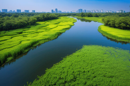 Green rice field scenery in a water park, China's Jiangsu Province.の写真素材