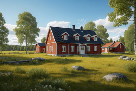 Red wooden house on a meadow in the middle of the forestの写真素材