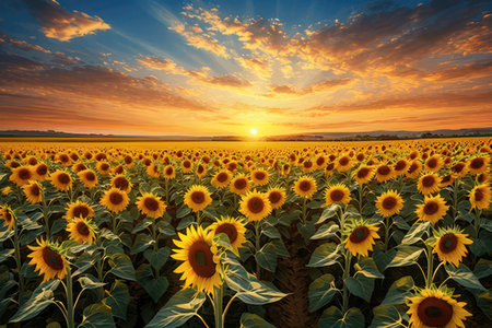Sunflower field at sunset. Beautiful landscape with sunflowers.の写真素材