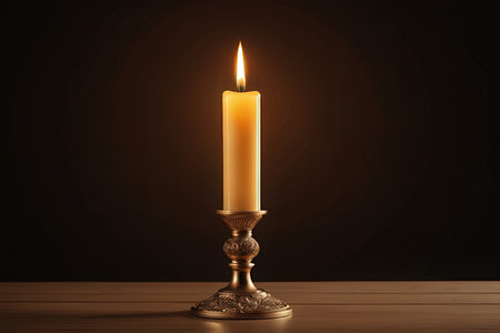 Burning candle in candlestick on wooden table against dark backgroundの写真素材