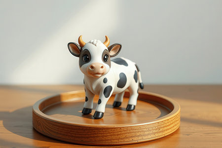 Ceramic cow figurine on a wooden tray on a wooden tableの写真素材