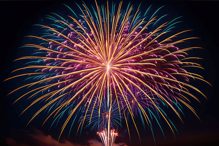 Colorful fireworks of various colors over night sky, abstract background.の写真素材