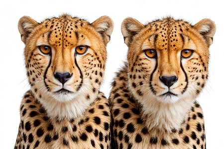 Portrait of two cheetah in front of a white backgroundの写真素材