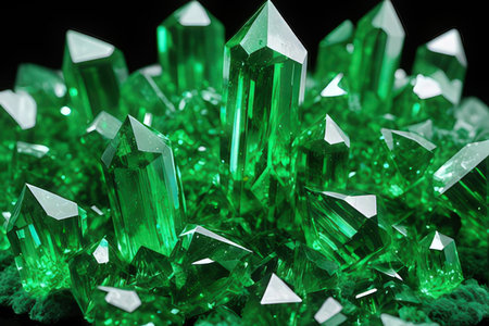 Green crystals on a black background. Macro. Photo can be used as a whole background