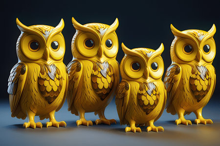 Three yellow owls on a dark background. 3D illustration.の写真素材