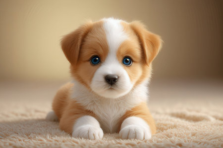 Cute welsh corgi puppy with blue eyes lying on carpetの写真素材