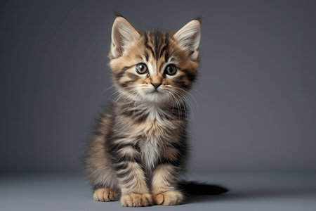 Cute Maine Coon kitten sitting on gray background. Studio shot.の写真素材