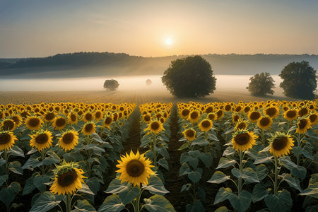 Sunset over sunflower field with fog and trees in the backgroundの写真素材