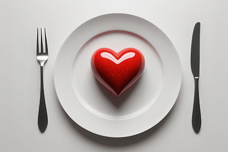 Red heart on a plate with knife and fork on a white backgroundの写真素材