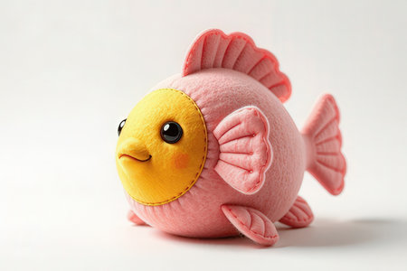 Cute pink fish made of felt on white background, closeupの写真素材