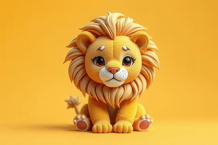 Cute lion on a yellow background. 3d render. Copy space.の写真素材