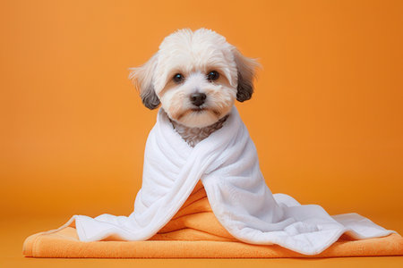 Cute little Maltese dog wrapped in a towel on orange backgroundの写真素材