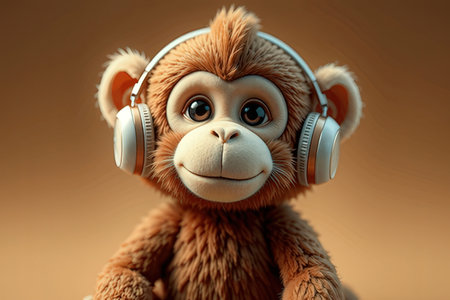 Cute teddy bear in headphones on brown background, closeupの写真素材