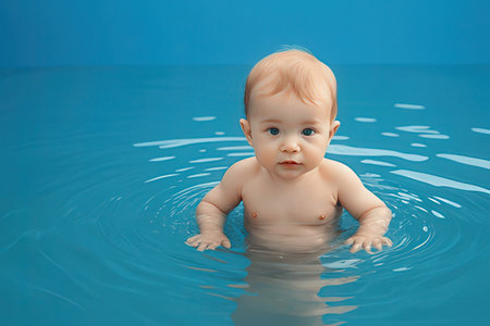 Cute baby swims in blue water on a blue background.の写真素材