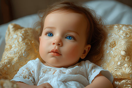 Close-up portrait of a beautiful little baby girl with blue eyesの写真素材