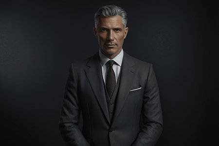 Portrait of mature businessman with gray hair in suit and tie on black backgroundのeditorial素材