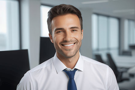 Handsome young businessman looking at camera and smiling while sitting in officeのeditorial素材