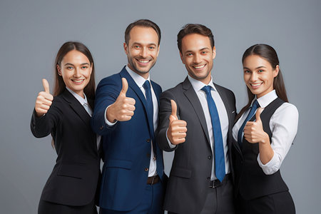 Group of happy businesspeople showing thumbs up gesture, over gray backgroundのeditorial素材