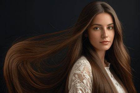 Portrait of beautiful young woman with long brown hair on dark backgroundのeditorial素材