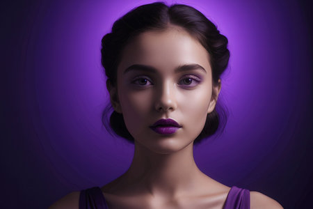 Portrait of beautiful young brunette woman with purple makeup. Studio shot.のeditorial素材