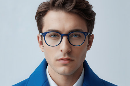 Portrait of handsome young businessman in blue suit and eyeglassesのeditorial素材