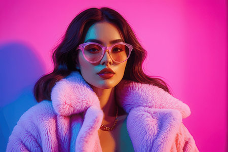Fashionable portrait of a beautiful girl in a pink fur coat and glasses.のeditorial素材